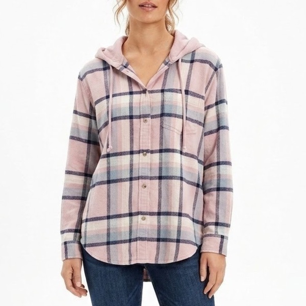 American Eagle Plaid Hooded Flannel Shirt Women Medium Button Up Soft Indie Fall